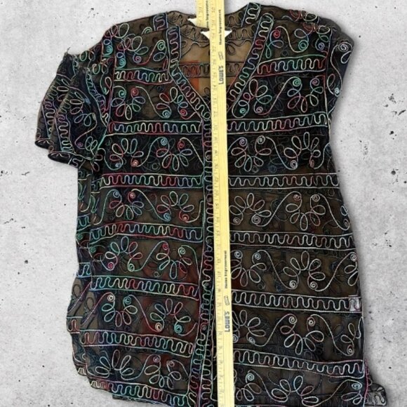 Celsa Sheer Mesh Duster Lightweight Embroidered Floral‎ Black Multicolor W L - Picture 3 of 10